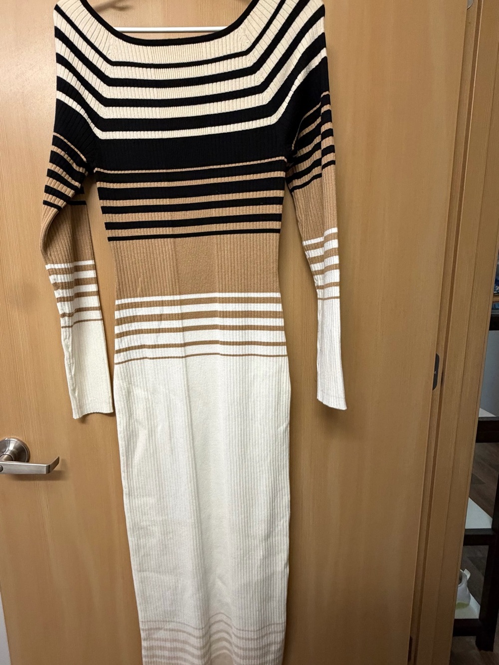 Express Long-Sleeve Striped Rib-Knit Maxi Dress in Black, Camel & White